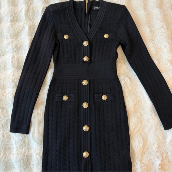 Structured Black Knit Dress | Ribbed, Button Detail | Sophisticated Everyday - Picture 3 of 11